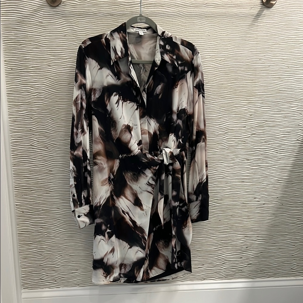 Nordstrom Brand Long-Sleeve Wrap Dress in Black, White & Brown